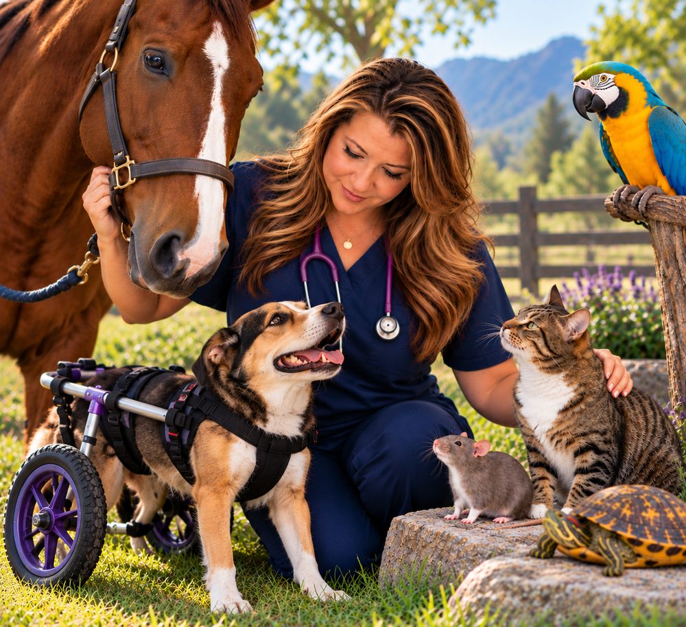Natalie Malkut, RVT, with a dog in a wheelchair, a cat, a horse, a parrot, a rat, and a turtle